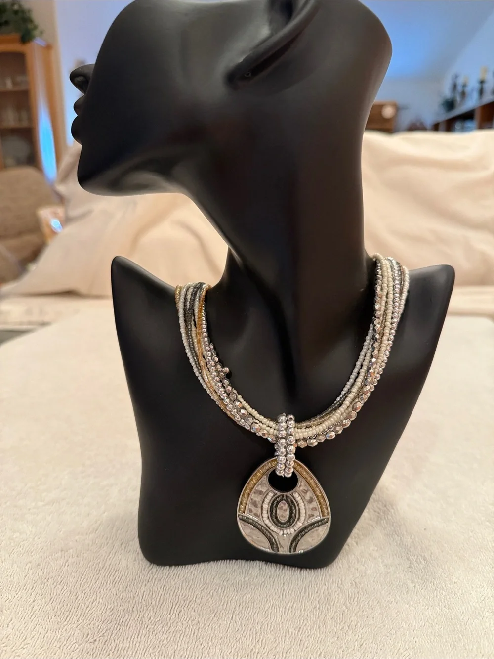 Statement Silver, Gold & White Beaded Pendant Necklace